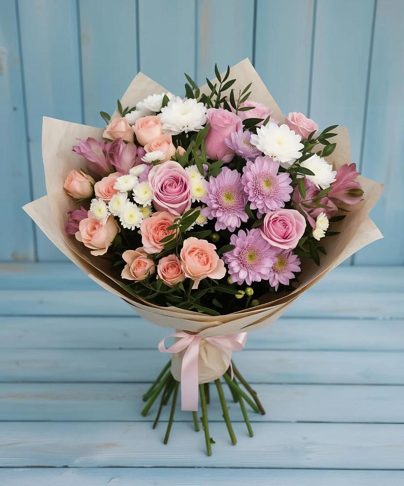 Букет цветов из: Хризантемы, Розы и Альстромерии в Залесный Казань