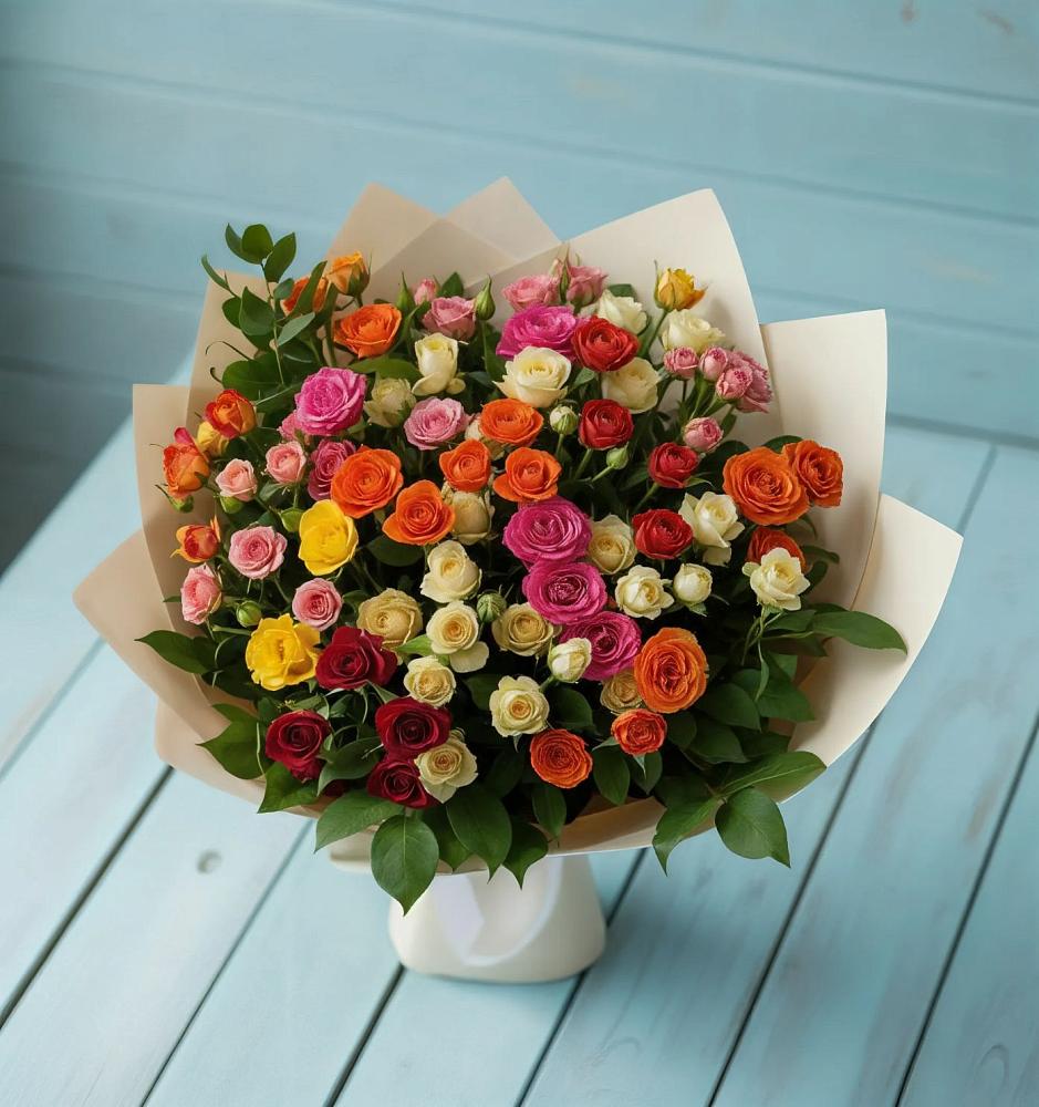 Букет Микс из разноцветных кустовых роз в Залесный Казань