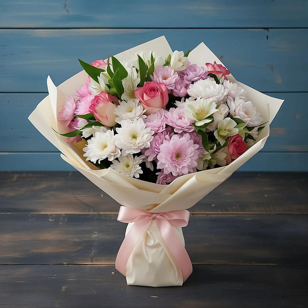 Букет цветов из: Хризантемы, Альстромерии и Розы в Залесный Казань